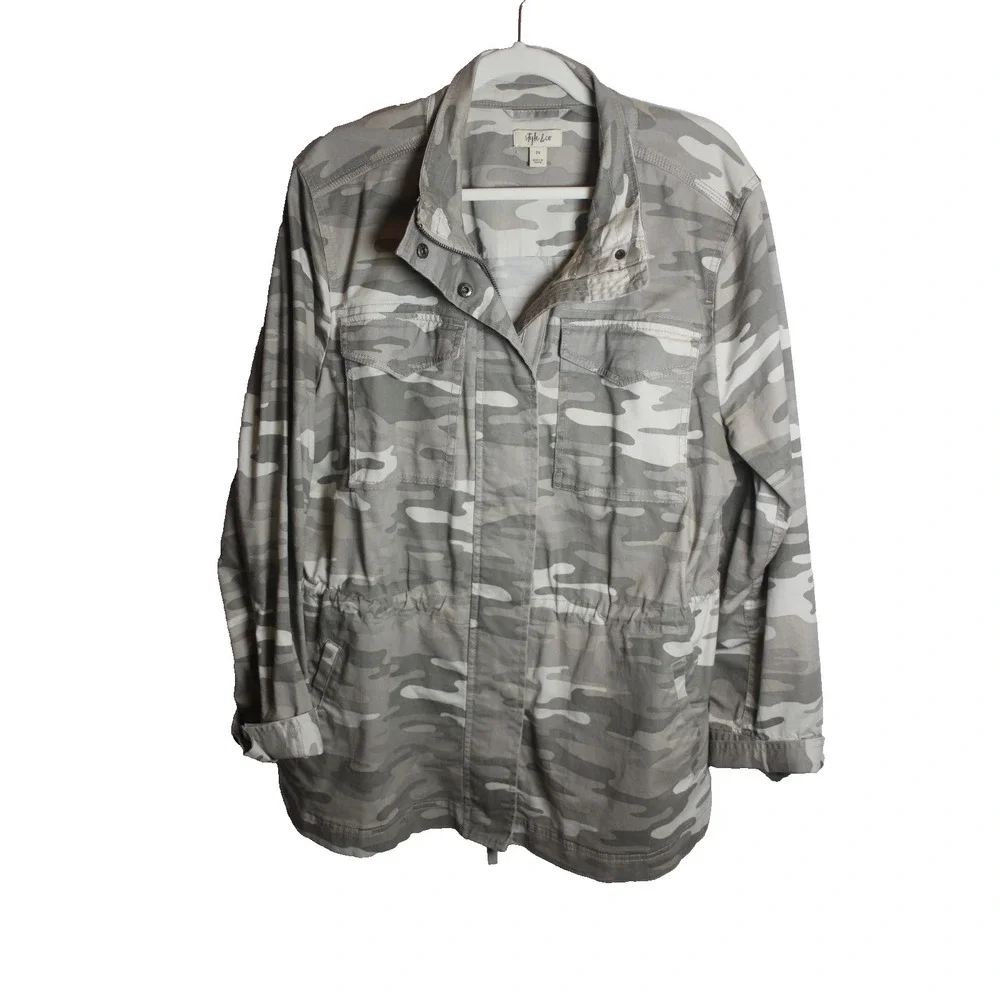 Style & Co Women's 2XL Gray Camo Cotton Utility Jacket Drawstring Waist